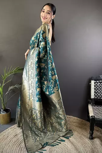 blue banarasi soft lichi silk blend teal blue floral and zari pattern saree with unstitched blouse