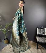 blue banarasi soft lichi silk blend teal blue floral and zari pattern saree with unstitched blouse