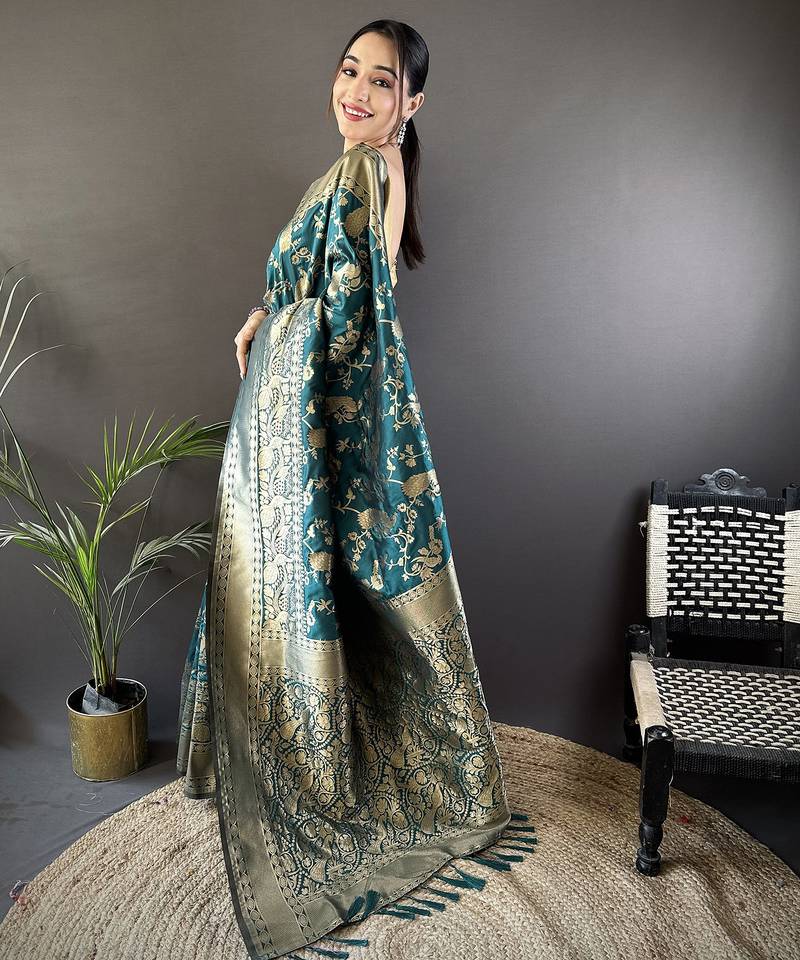 blue banarasi soft lichi silk blend teal blue floral and zari pattern saree with unstitched blouse