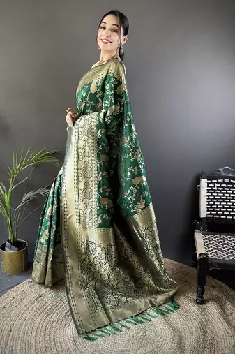 dark_green banarasi soft lichi silk blend dark green floral and zari pattern saree with unstitched blouse