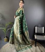 dark_green banarasi soft lichi silk blend dark green floral and zari pattern saree with unstitched blouse