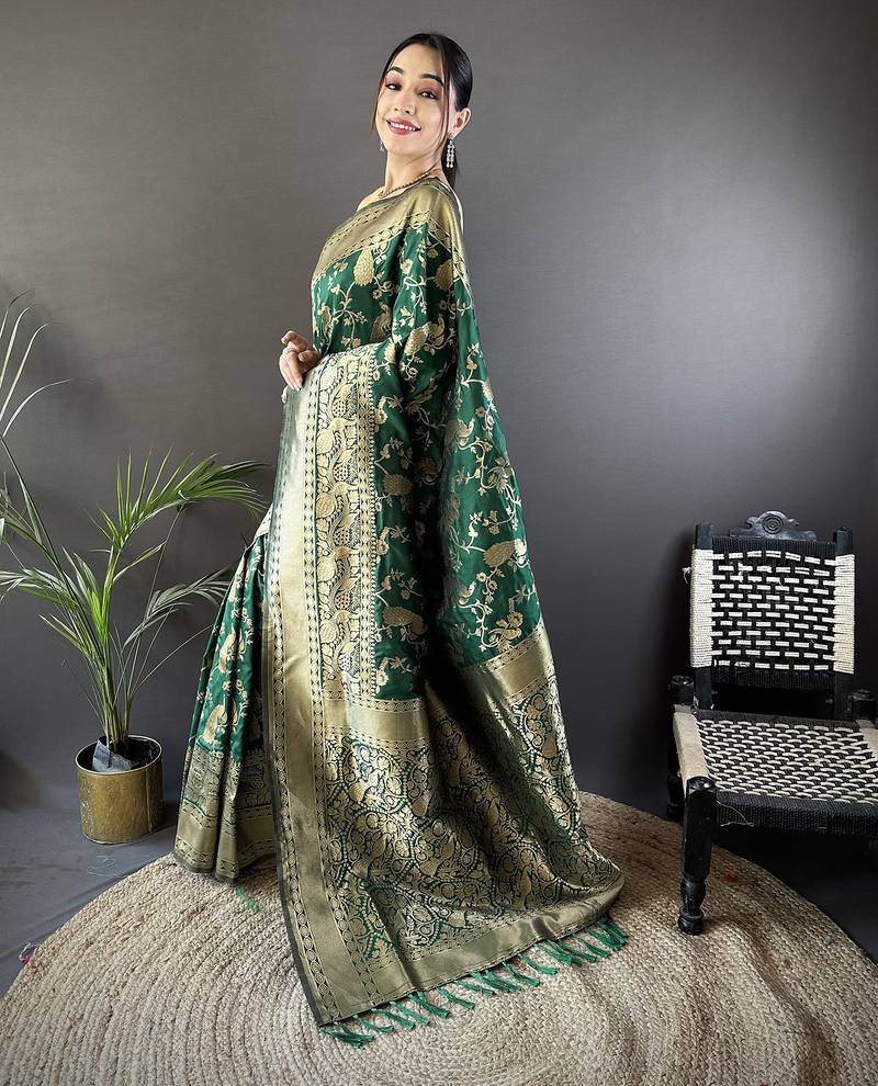 dark_green banarasi soft lichi silk blend dark green floral and zari pattern saree with unstitched blouse