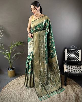 dark_green banarasi soft lichi silk blend dark green floral and zari pattern saree with unstitched blouse 5