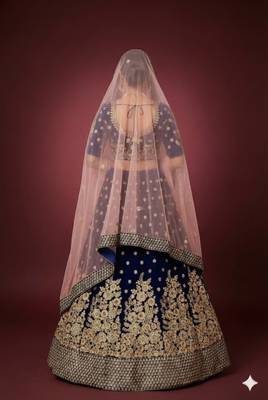Navy-blue embroidered velvet semi stitched lehenga 7