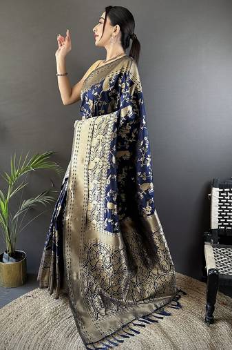 navy_blue banarasi soft lichi silk blend navy blue floral and zari pattern saree with unstitched blouse