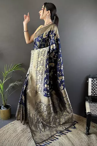 navy_blue banarasi soft lichi silk blend navy blue floral and zari pattern saree with unstitched blouse