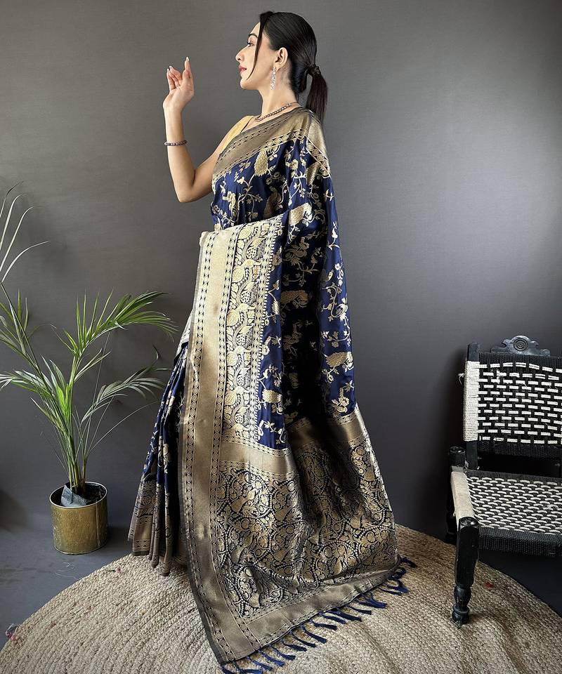 navy_blue banarasi soft lichi silk blend navy blue floral and zari pattern saree with unstitched blouse