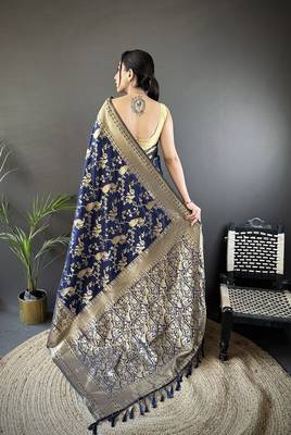 navy_blue banarasi soft lichi silk blend navy blue floral and zari pattern saree with unstitched blouse 2