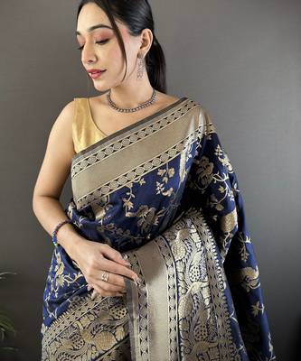 navy_blue banarasi soft lichi silk blend navy blue floral and zari pattern saree with unstitched blouse 3