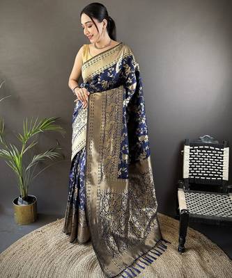 navy_blue banarasi soft lichi silk blend navy blue floral and zari pattern saree with unstitched blouse 5