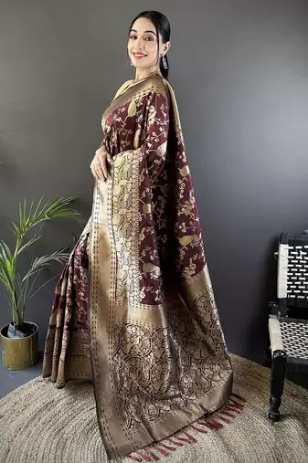 brown banarasi soft lichi silk blend brown floral and zari pattern saree with unstitched blouse