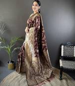 brown banarasi soft lichi silk blend brown floral and zari pattern saree with unstitched blouse