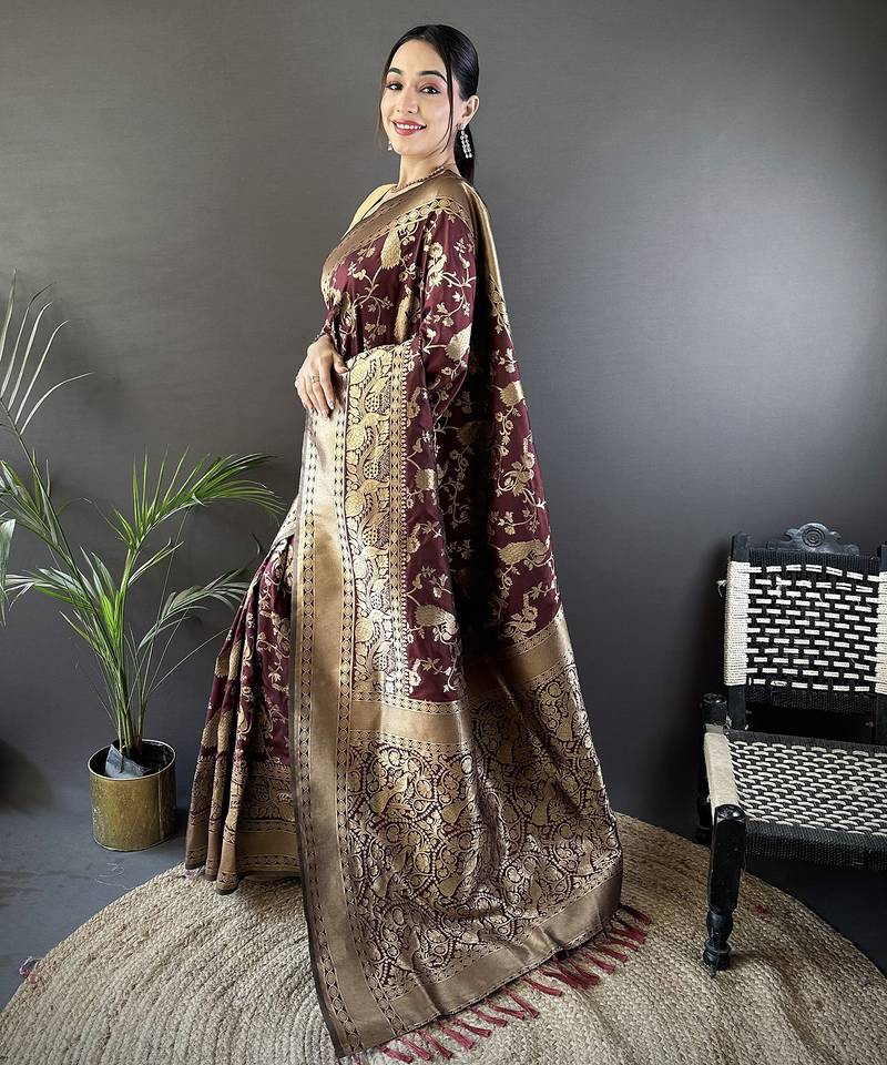 brown banarasi soft lichi silk blend brown floral and zari pattern saree with unstitched blouse