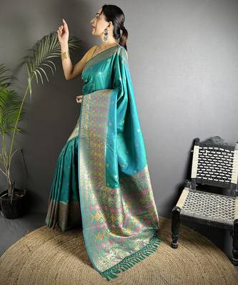 green soft lichi silk blend blend teal green multicolour minakari weaving saree with unstitched blouse 1