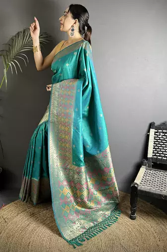 green soft lichi silk blend teal green multicolour minakari weaving saree with unstitched blouse