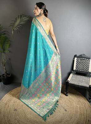 green soft lichi silk blend blend teal green multicolour minakari weaving saree with unstitched blouse 2