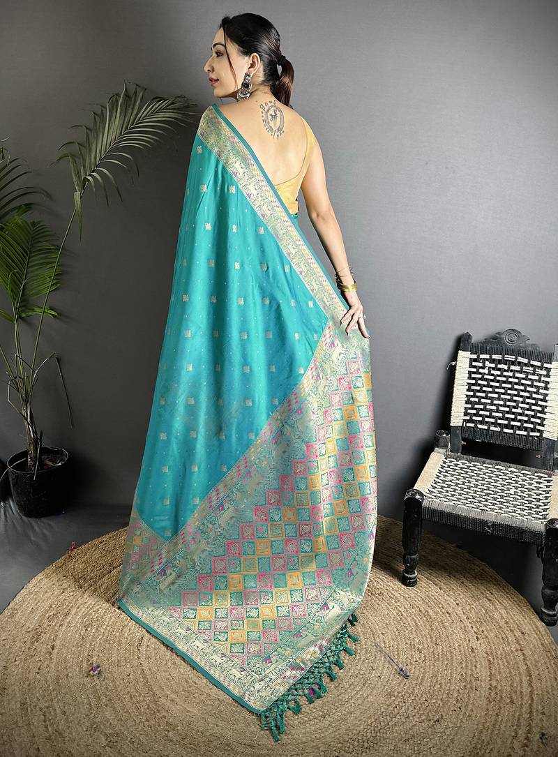 green soft lichi silk blend teal green multicolour minakari weaving saree with unstitched blouse