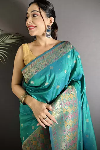 green soft lichi silk blend blend teal green multicolour minakari weaving saree with unstitched blouse