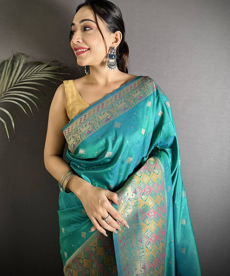 green soft lichi silk blend teal green multicolour minakari weaving saree with unstitched blouse