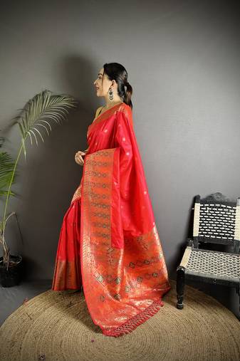 red soft lichi silk blend coral red multicolour minakari weaving saree with unstitched blouse
