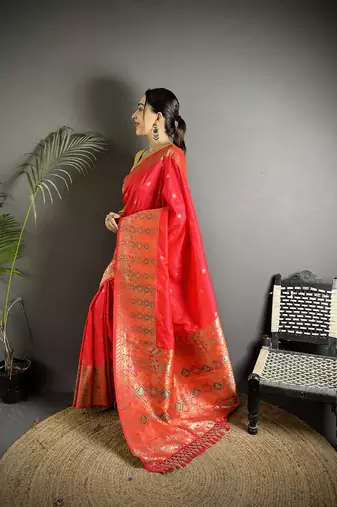 red soft lichi silk blend coral red multicolour minakari weaving saree with unstitched blouse