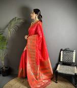 red soft lichi silk blend coral red multicolour minakari weaving saree with unstitched blouse
