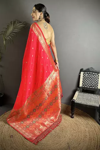 red soft lichi silk blend coral red multicolour minakari weaving saree with unstitched blouse