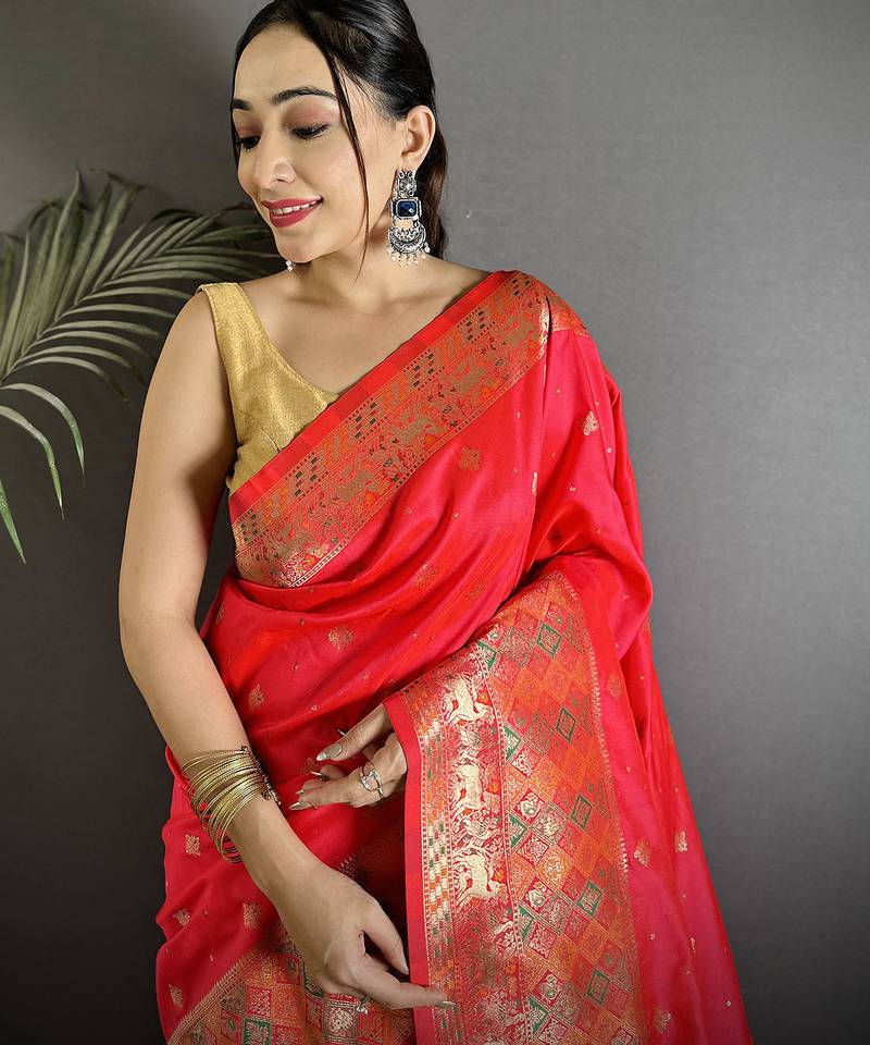 red soft lichi silk blend coral red multicolour minakari weaving saree with unstitched blouse