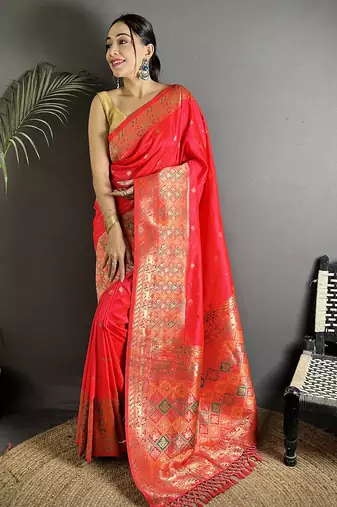 red soft lichi silk blend coral red multicolour minakari weaving saree with unstitched blouse