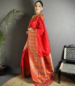 red soft lichi silk blend red multicolour minakari weaving saree with unstitched blouse