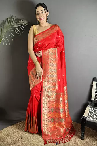 red soft lichi silk blend red multicolour minakari weaving saree with unstitched blouse