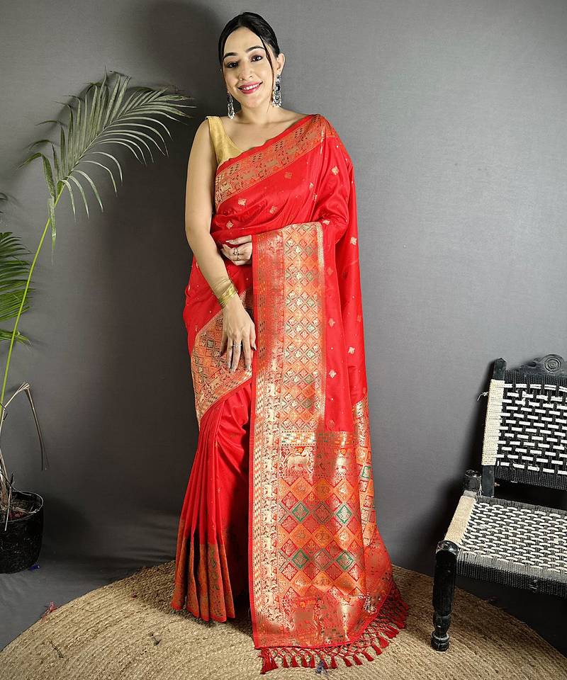 red soft lichi silk blend red multicolour minakari weaving saree with unstitched blouse