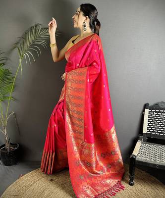 pink soft lichi silk blend blend pink multicolour minakari weaving saree with unstitched blouse 1