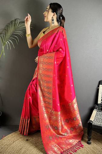 pink soft lichi silk blend pink multicolour minakari weaving saree with unstitched blouse
