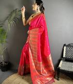 pink soft lichi silk blend pink multicolour minakari weaving saree with unstitched blouse