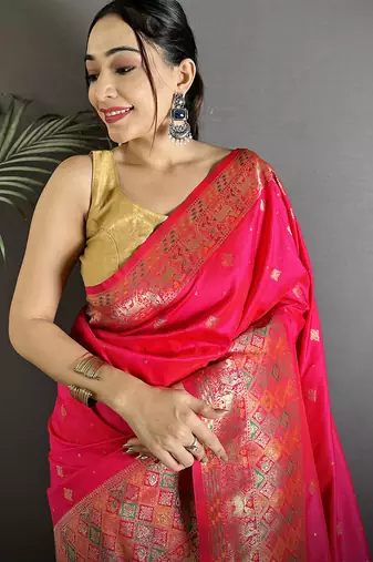 pink soft lichi silk blend pink multicolour minakari weaving saree with unstitched blouse