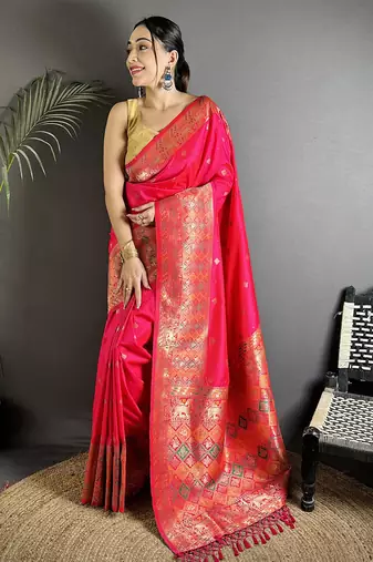 pink soft lichi silk blend pink multicolour minakari weaving saree with unstitched blouse