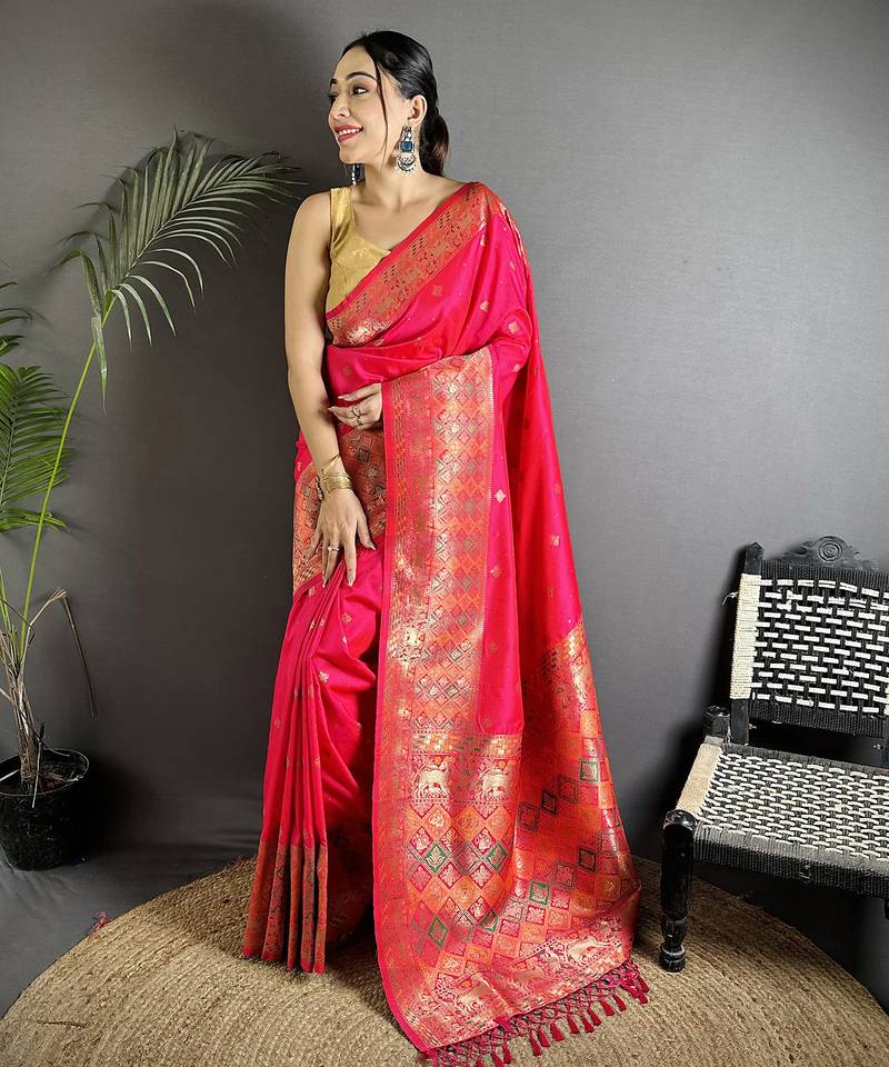 pink soft lichi silk blend pink multicolour minakari weaving saree with unstitched blouse