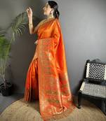 orange soft lichi silk blend orange multicolour minakari weaving saree with unstitched blouse