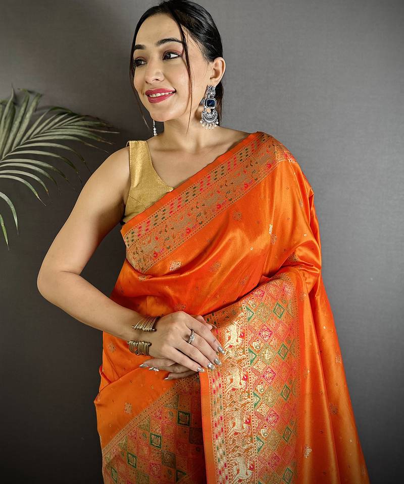 orange soft lichi silk blend orange multicolour minakari weaving saree with unstitched blouse