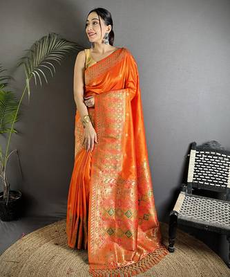 orange soft lichi silk blend blend orange multicolour minakari weaving saree with unstitched blouse 5
