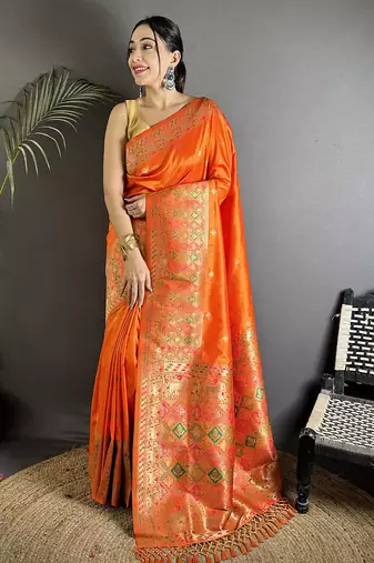 orange soft lichi silk blend orange multicolour minakari weaving saree with unstitched blouse