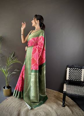 pink soft lichi silk blend blend  pink rangcut jacquard weave saree with unstitched blouse 1