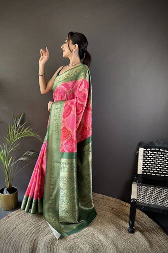 pink soft lichi silk blend   pink rangcut jacquard weave saree with unstitched blouse