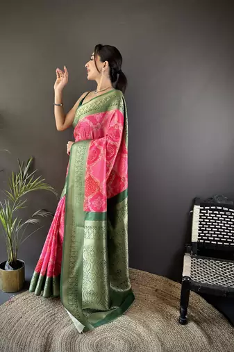 pink soft lichi silk blend   pink rangcut jacquard weave saree with unstitched blouse