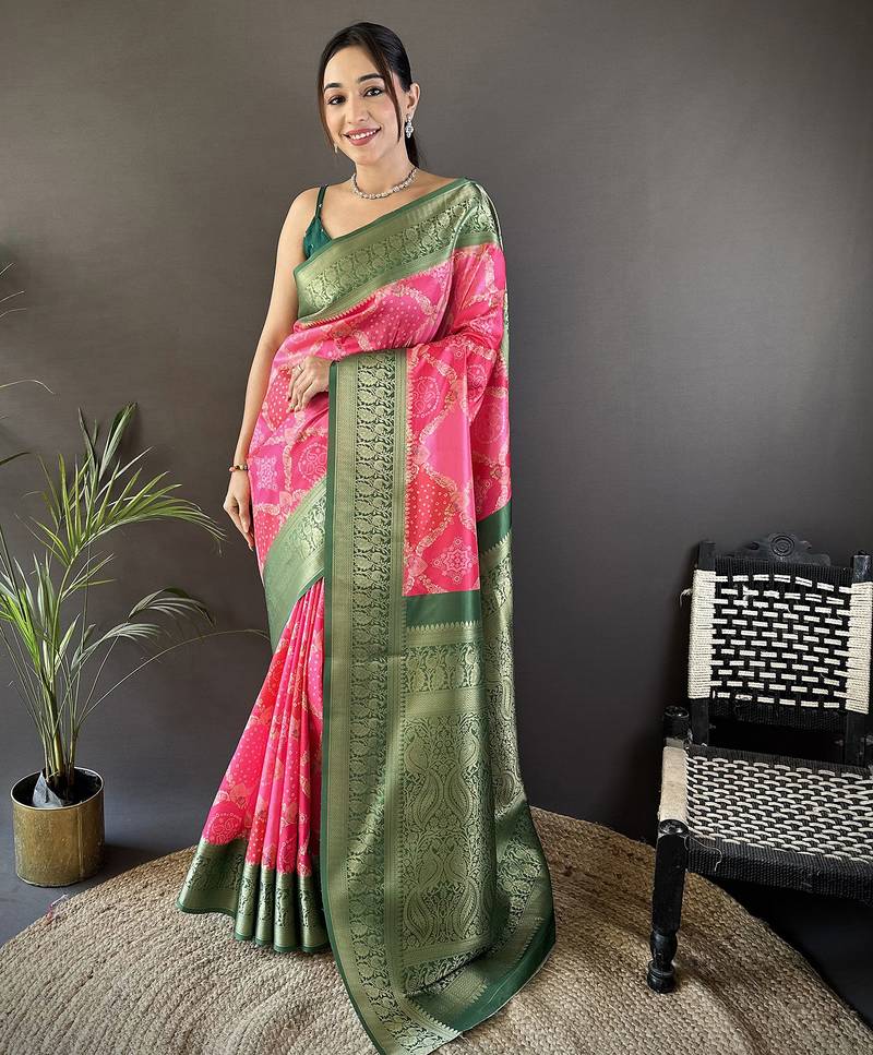 pink soft lichi silk blend   pink rangcut jacquard weave saree with unstitched blouse