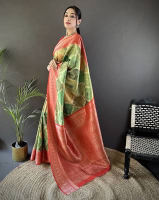 olive soft lichi silk blend blend olive green rangcut jacquard weave saree with unstitched blouse 1