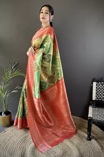 olive soft lichi silk blend olive green rangcut jacquard weave saree with unstitched blouse