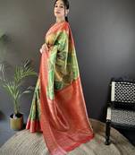 olive soft lichi silk blend olive green rangcut jacquard weave saree with unstitched blouse