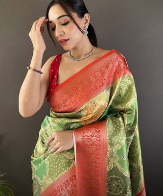 olive soft lichi silk blend blend olive green rangcut jacquard weave saree with unstitched blouse 3